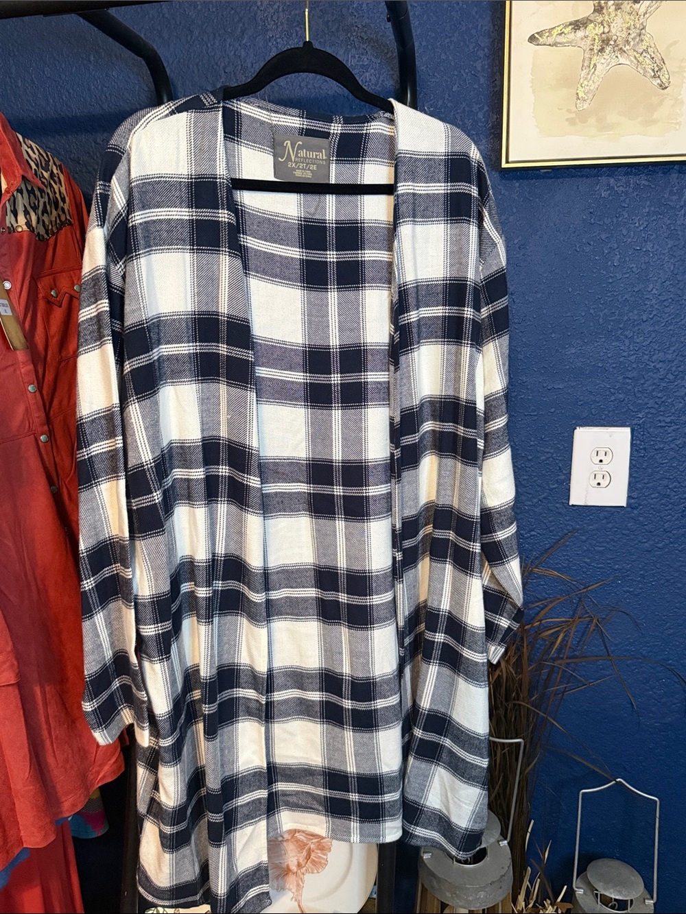 Natural Brand Navy and White Plaid Open Cardigan